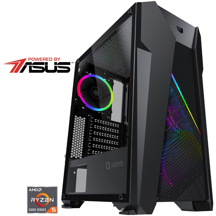 Sistem Desktop PC Gaming Serioux Powered by ASUS cu procesor AMD Ryzen™ 5 5600X pana la 4.60GHz, 16GB DDR4, 512GB SSD, ASUS Dual GeForce RTX™ 4060 OC 8GB GDDR6, Windows 11 Home, Black