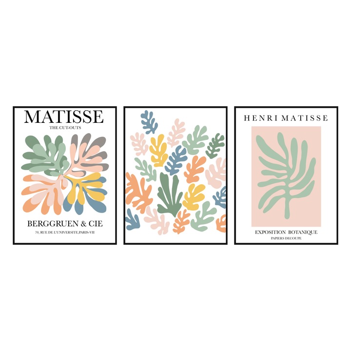 Set 3 tablouri, tema Matisse Pastel, A4, 21cm x 30cm, fara rama, print pe hartie foto premium, 250 g/m2