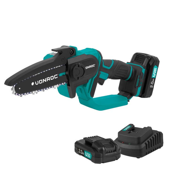 Mini drujba VONROC S2_CS506DC, 2x 2.0Ah 20V, lungime lama 152mm, viteza lant 4.9m/s, aparatoare lama, varf pentru tensionarea lantului, greutate 1.28kg, 2x baterii 2.0Ah si incarcator rapid incluse