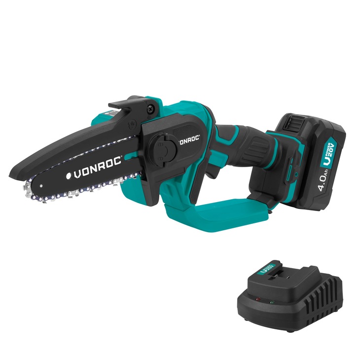 Mini drujba VONROC S3_CS506DC, 4.0Ah 20V, lungime lama 152mm, viteza lant 4.9m/s, aparatoare lama, varf pentru tensionarea lantului, greutate 1.28kg, baterie 4.0Ah si incarcator rapid incluse