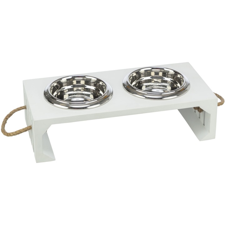 Trixie Be Nordic 2-es Készlet Rozsdamentes Acél Tálak, MDF Fa Tartóval, 2x0.9 l/17 cm/44x21x14 cm, Fehér, 24836