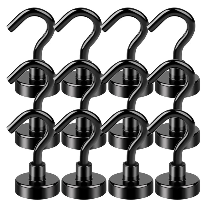 Set 12 carlige magnetice, SINBINTA, Carlige de magnet pentru frigider pentru atarnare, 8 kg carlige de magnet puternic pentru croaziera, Baie, Bucatarie, Garaj, Rezistent la coroziune, Otel inoxidabil, Diametru16mm, Negru