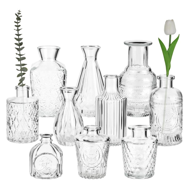 Set 10 vaze decorative din sticla, SINBINTA, Reutilizabile, Usor de curatat, Pentru acasa, Restaurant, De mici dimensiuni, Hotel, Cantina, Transparente, 4-6.9×2.7-5×8-14.8cm