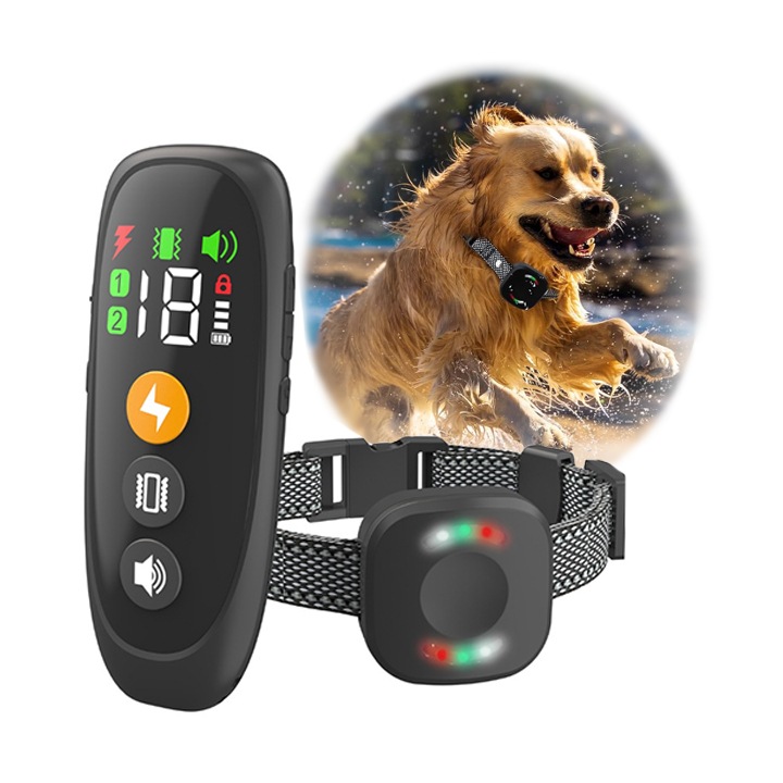 Zgarda electrica pentru dresaj caini, Vibratii, Avertizare sonora, Impulsuri electrice, Sistem iluminare, Raza de actiune 800m, Rezistent la apa, Incarcare rapida Tip USB-C, Ecran LED