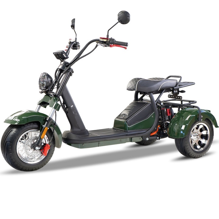 Scuter electric cu 3 roti. Bili Bike. Capacitate 200 kg. 45 km/h. 60 km autonomie. 2000W. 60V. 20Ah. Iluminare LED. Verde