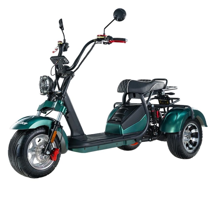 3 kerekű elektromos robogó, Bili Bike, Kapacitás 200 kg, 45 km/h, 60 km autonómia, 2000W, 60V, 20Ah, LED világítás, Zöld