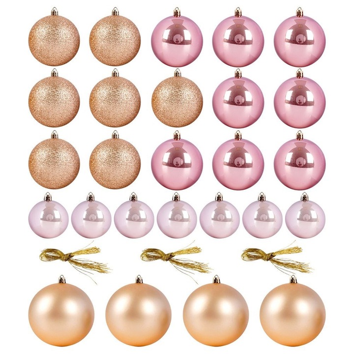 Set Globuri De Craciun, Vilde, 26 Bucati, 6x8x10 cm, Nefractibile, Stralucitoare Si Mate, Realizate Din Material Plastic De Inalta Calitate, Ideale Pentru Decorarea Bradului, Roz/Auriu