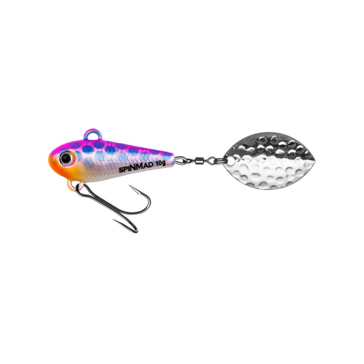 Spinner Spinmad Wir 7cm, 10gr, culoarea Pink Blue Spots, pentru pescuitul la avat, pastrav, biban, salau sau stiuca