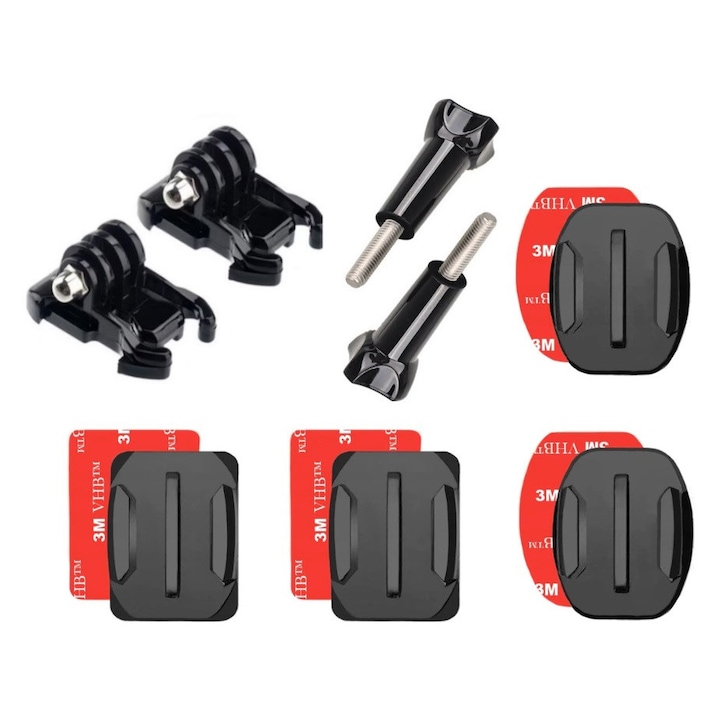 Set Accesorii din 8 piese pentru Camere GoPro, insta360, DJI Action, SjCam, Prindere cu banda adeziva 3M, 4 seturi (2 curbate+2 drepte), Clema de prindere quick-release X 2 buc, Surub plastic X 2 buc, Universal