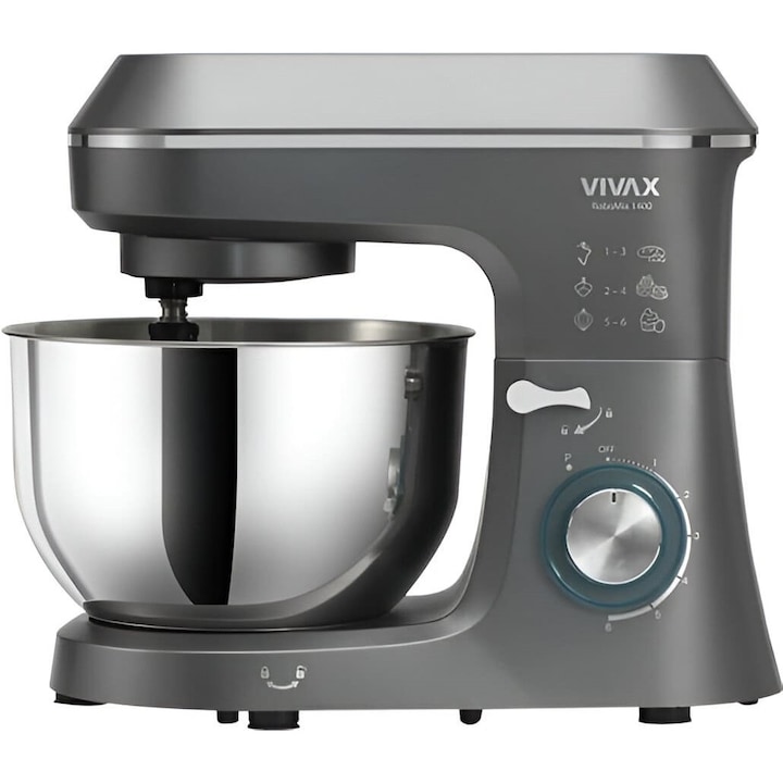 Кухненски робот Vivax RM-61400SX, 1400W, капацитет 6L, 6 степени на скорост, функция Pulse, 3 подвижни аксесоара, черен/сребрист
