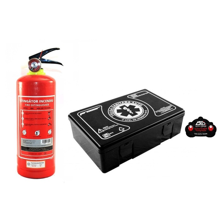 Kit siguranta auto omologat format din Trusa medicala auto de prim ajutor, Stingator auto reincarcabil cu manometru 1 Kg si odorizant auto Ced Auto Trade