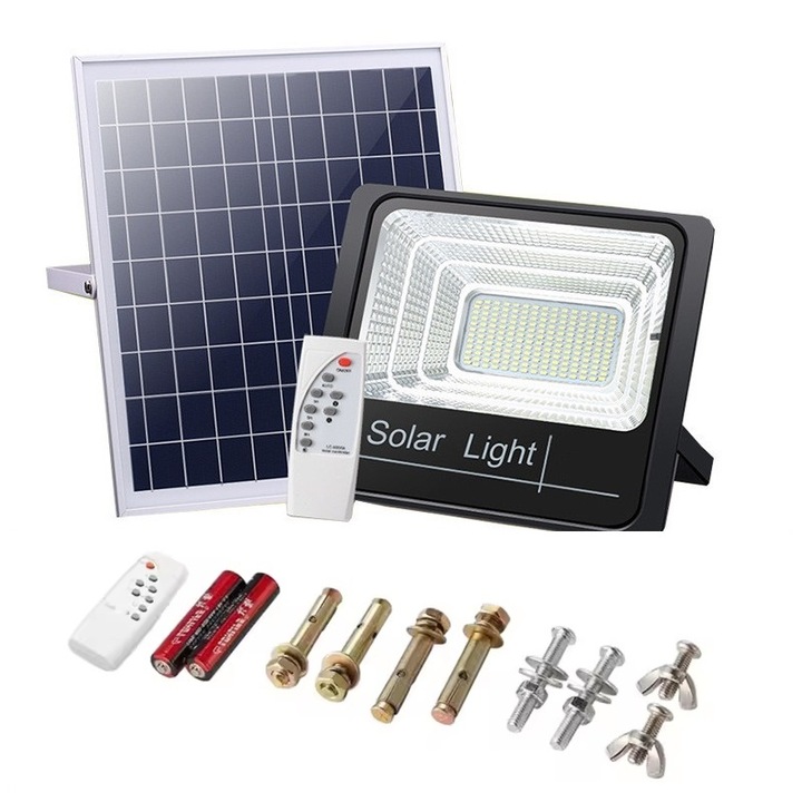 Proiector LED cu panou solar 25W, 114 leduri, exterior IP65, telecomanda, indicator baterie, cablu 5M, timer