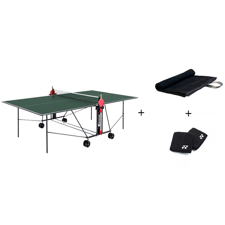 Masa tenis Sponeta S1-42i, interior, pliabila, verde cu fileu, 2 palete Sponeta Flash, mansete si prosop cu uscare rapida, 19 mm, Solid Volt, suporti laterali de prindere palete si mingi
