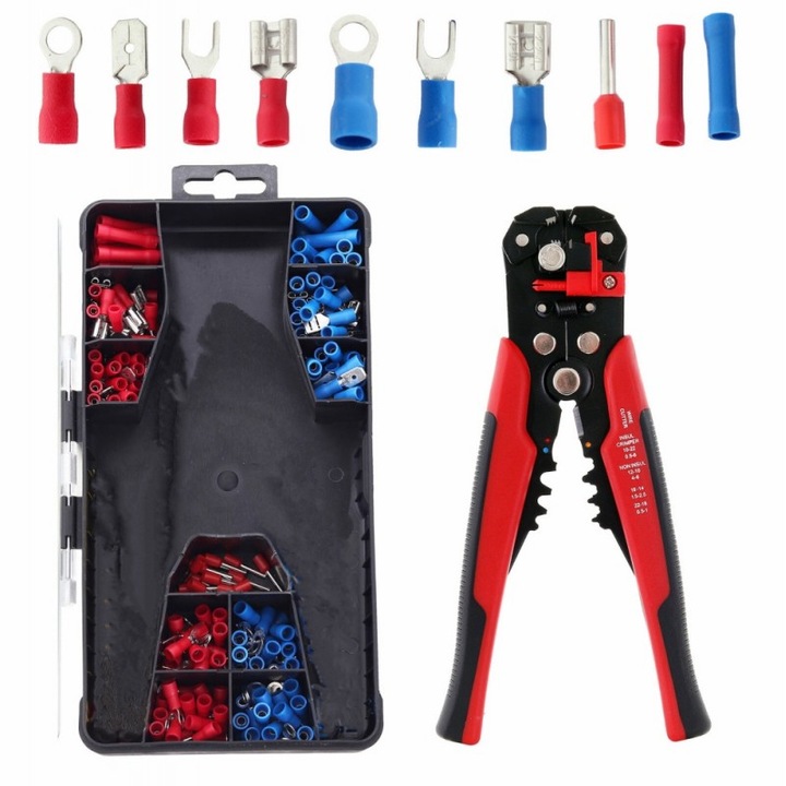 Set cleste 3 in 1, cu 200 papuci, dezizolare, sertizare, multicolor