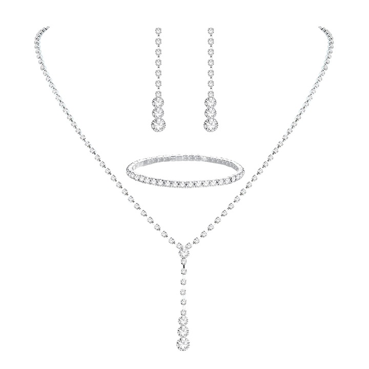 Set de bijuterii din 3 piese, colier cu strass, bratara, cercei pandantiv, pandantiv cu cristal lacrima mireasa si domnisoara de onoare, argint