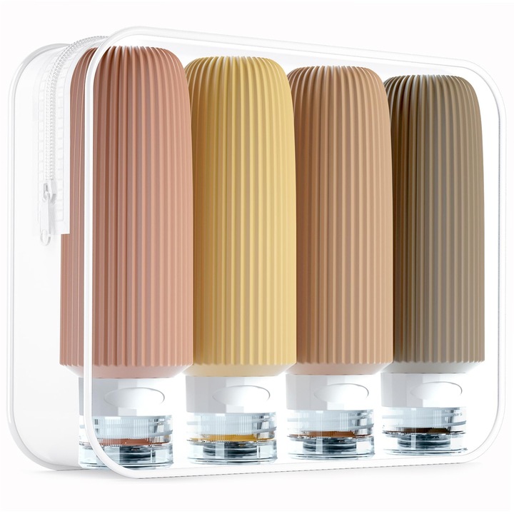 Set 4 recipiente pentru voiaj, silicon, etanse, multicolor, cu geanta PVC