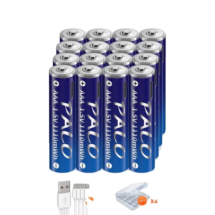 Set 16 baterii litiu-ion reincarcabile, 1110mWh, incarcare rapida USB Type C, indicator luminos, -20°C-60°C