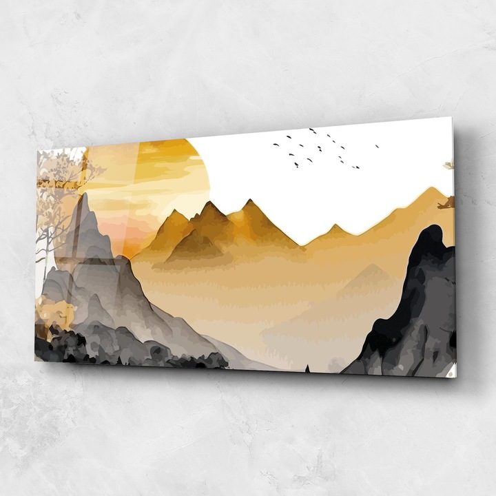 Tablou Sticla, 60x150cm, Dormitor si Living, Moderne, Asiatic, Gold Sun Mountain
