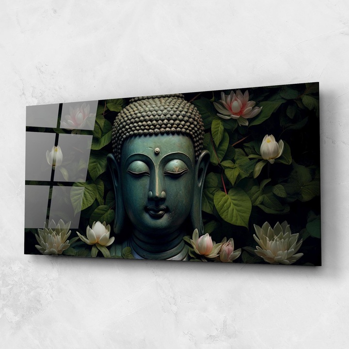 ARTHUB, Стъклена картина 60x120cm, Спалня и Дневна, модерни, буда, Green Statue Buddha