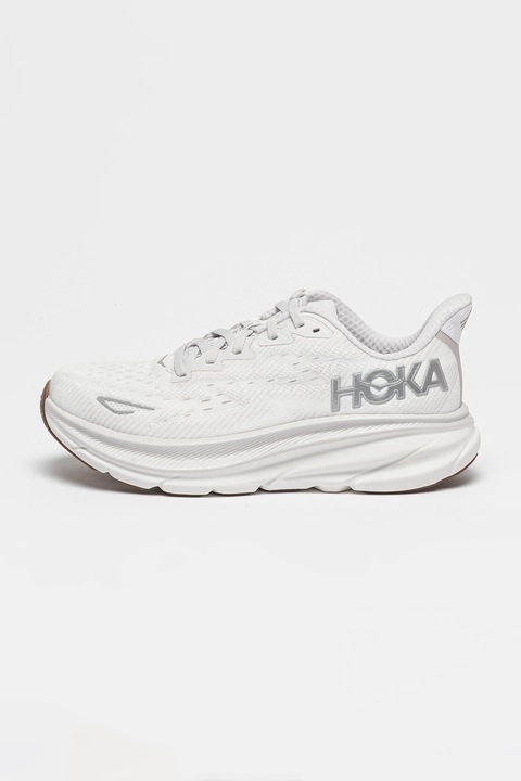 Hoka, Pantofi cu logo pentru alergare Clifton 9, Alb optic/Argintiu