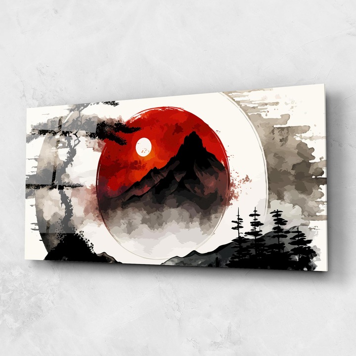 Tablou Sticla, 60x150cm, Dormitor si Living, Moderne, Asiatic, Red Moon Mountain