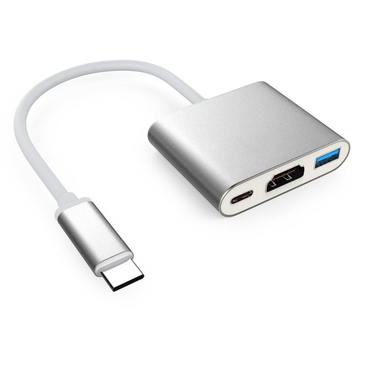 3-в-1 Type-C HUB, 4K HDMI, USB 3.0 зареждане, сребрист
