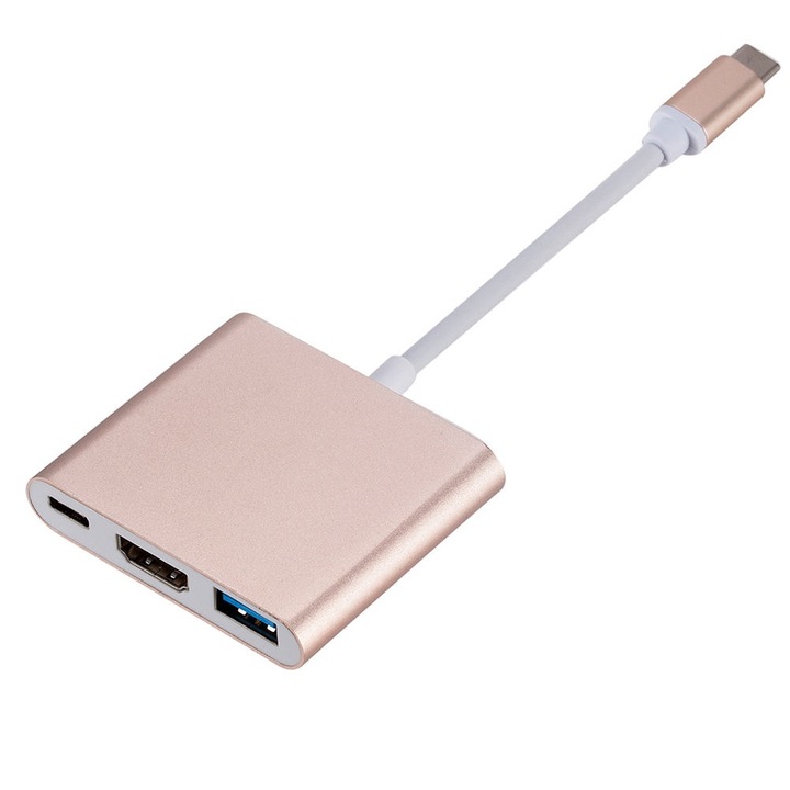 3-в-1 Type-C HUB, 4K HDMI, USB 3.0 зареждане, златен, Apple съвместим