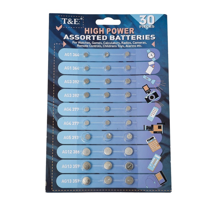 Set 30 baterii tip buton T&E, alcaline, 1.5V, mixt, 20x15cm
