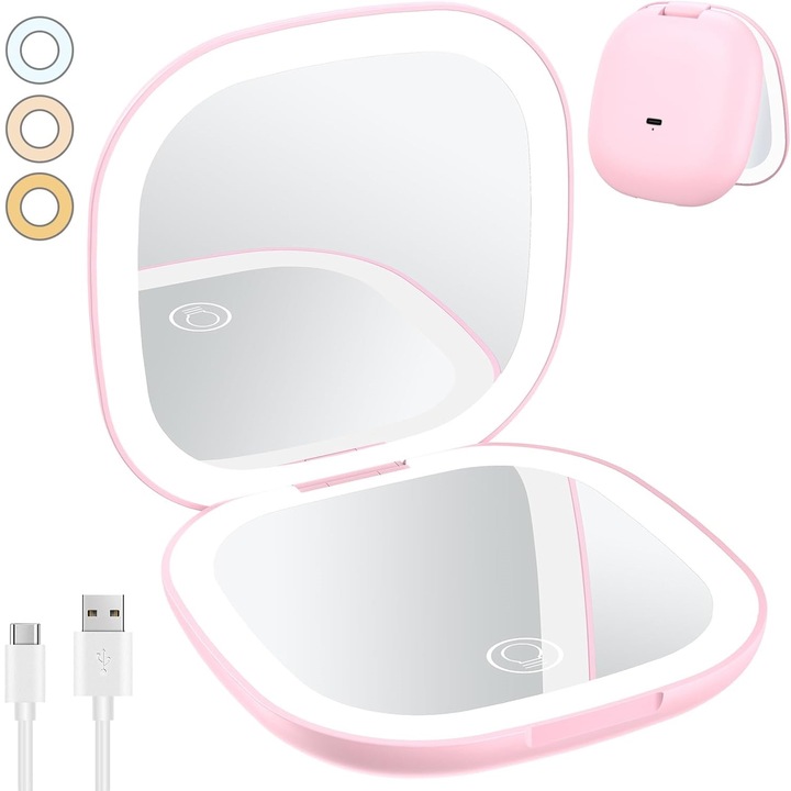 Oglinda de buzunar, dubla fata cu lumina, 10x marire, roz, 90x90x23mm
