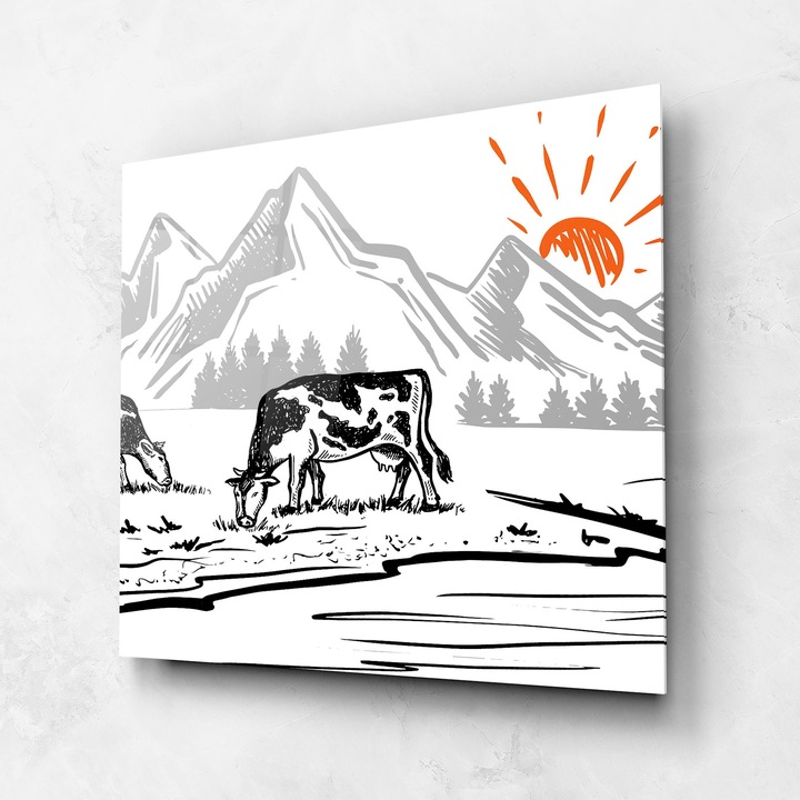 Tablou Sticla, 60x60cm, Dormitor si Living, Peisaje, Rural, Cows Grey Mountain