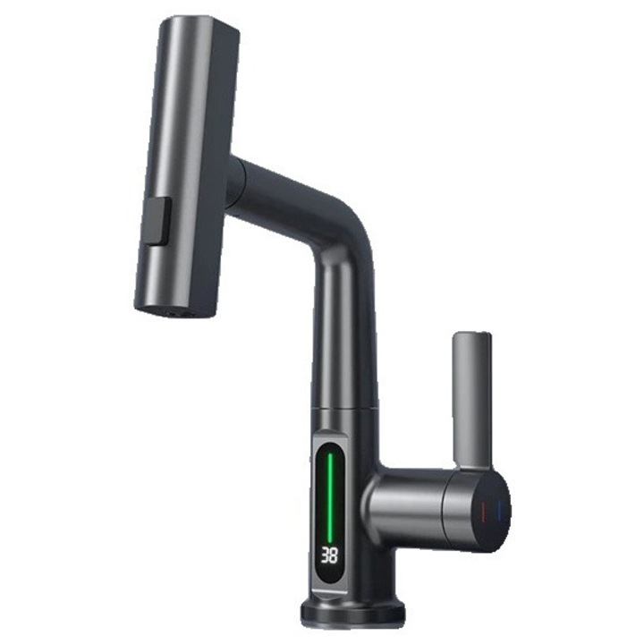 Forgó csaptelep a mosogatóhoz, rozsdamentes acél, digitális kijelző, szürke, pultra szerelhető