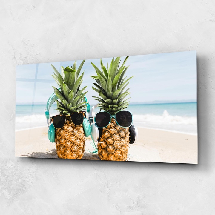 Arthub, Üvegkép, 60x150cm, Hálószoba és Nappali, Tájképek, Nyár, Pineapples With Sunglasses