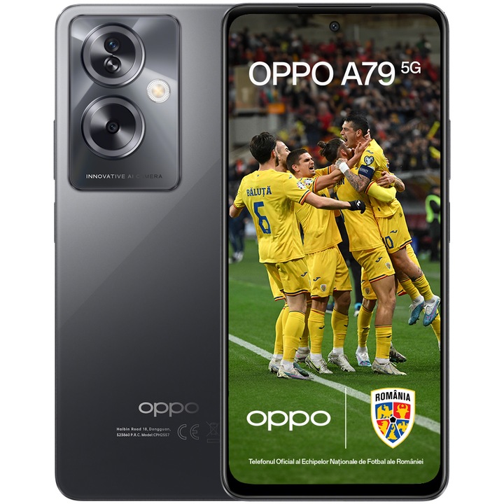 Telefon mobil OPPO A79, Dual SIM, 128GB, 4GB RAM, 5G, Mystery Black + Husa de Protectie OPPO pentru A79 5G, Negru