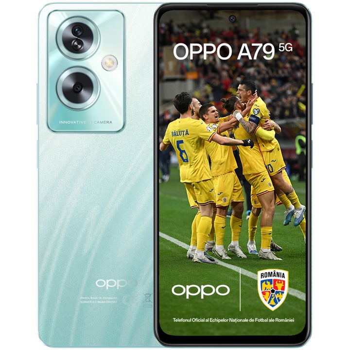Telefon mobil OPPO A79, Dual SIM, 128GB, 4GB RAM, 5G, Glowing Green + Husa de Protectie OPPO pentru A79 5G, Negru