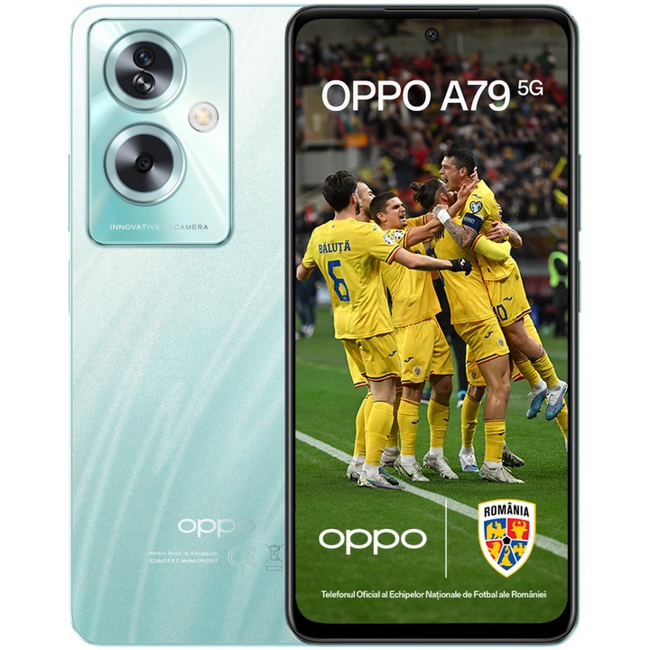 Смартфон OPPO A79, 128GB, 4GB RAM, 5G, Glowing Green + Предпазен калъф OPPO за A79 5G, Черен