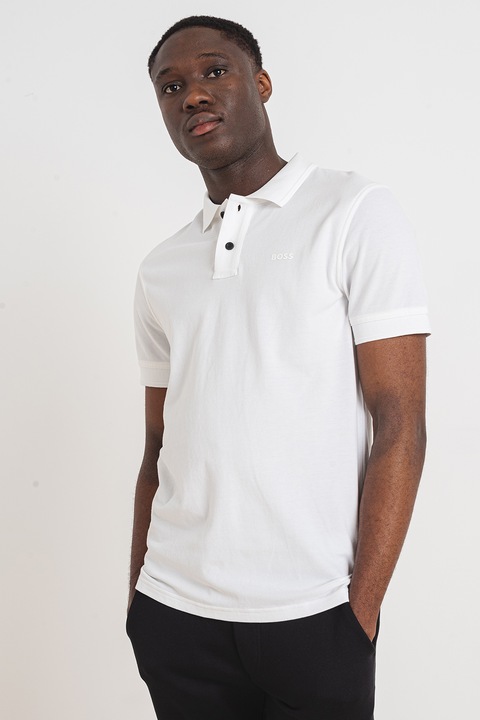 BOSS, Tricou polo de bumbac pique Prime, Alb optic