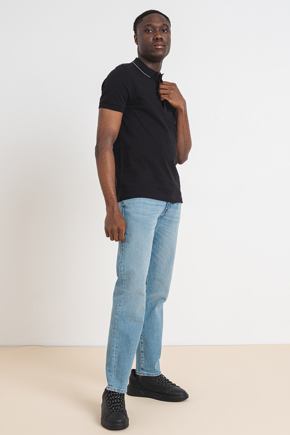 BOSS, Tricou polo slim fit Paule, Negru, Alb, S