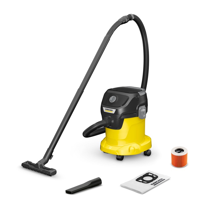 Прахосмукачка Karcher KWD 3 V-15/4/20, Многофункционална, 1000 W, Мокро и сухо засмукване, 15 л резервоар, 2 м маркуч, Функция обдухване, Жълт/Черен