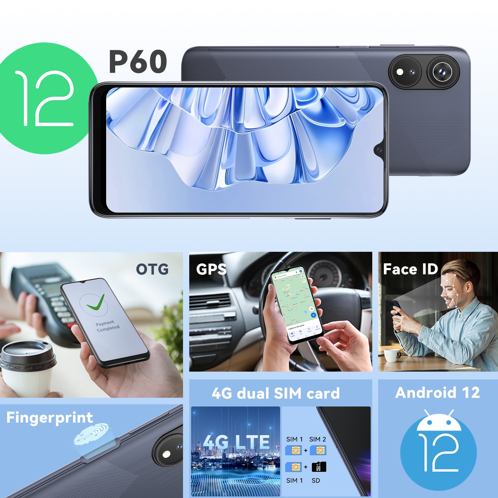 Telefon mobil Cubot P60, 6GB RAM, 128GB ROM, 20MP, 6.517 inch, Android 12, Negru