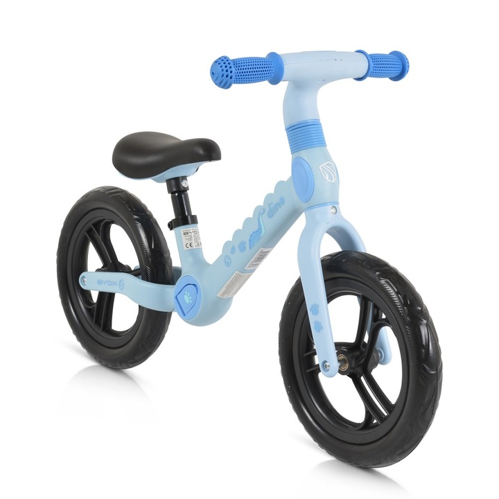 Bicicleta copii fara pedale Byox Dino Blue 12 inch, cu sa reglabila, anvelope spuma EVA, suport pentru picioare pe ambele parti ale cadrului ce se poate plia, greutate maxima suportata 50 kg, de la 2 ani