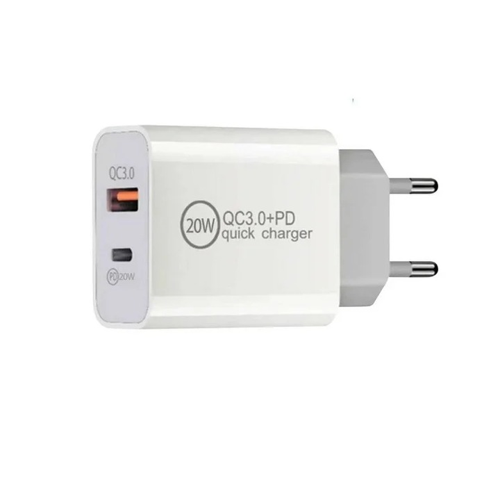 Gyorstöltő hálózati töltő 20 W, kettős USB-port USB-A + USB Type-C