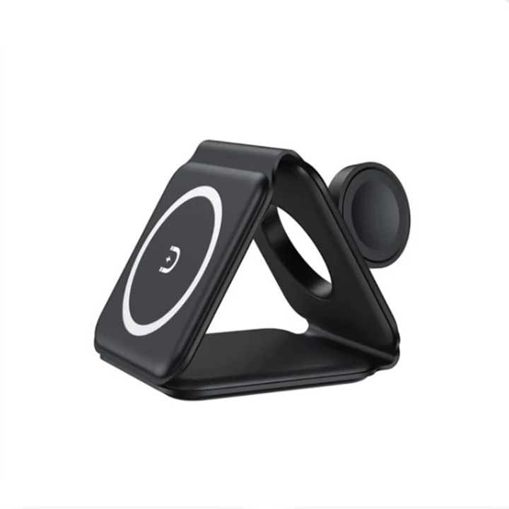 SIKS mágneses vezeték nélküli töltő 3 az 1-ben, összecsukható, univerzális, gyorstöltés 15 W, USB Type C kábel mellékelve, Apple Watch, Airpods és mobiltelefonos iPhone, Samsung, Huawei, Xiaomi, fekete kompatibilis