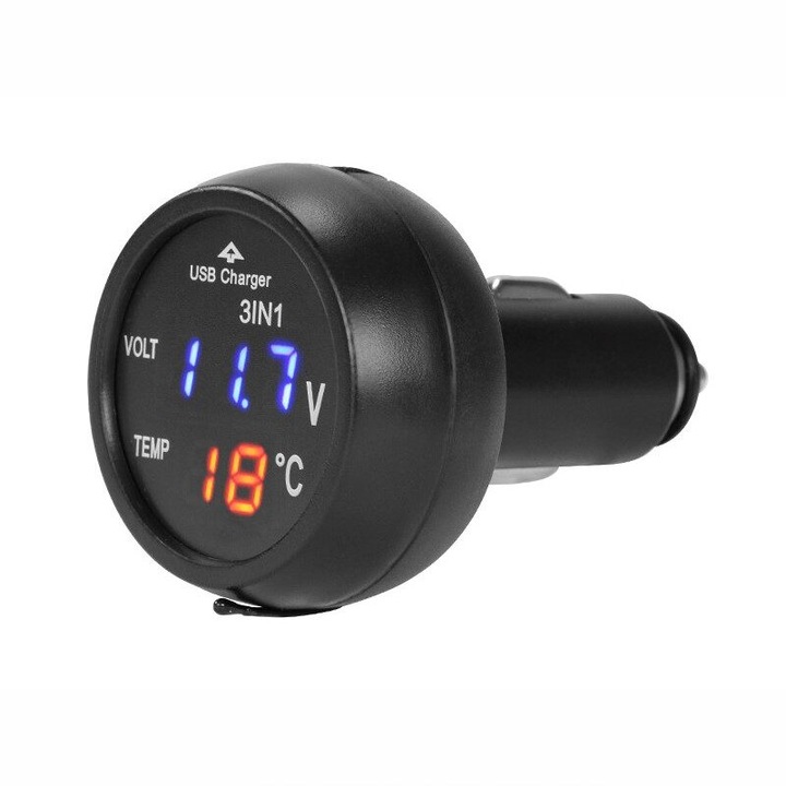 Incarcator auto 3in1, 12-24V, cu USB, voltmetru si termometru, 58711 Carmotion