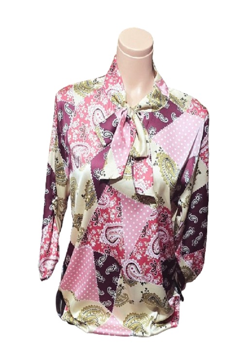 Bluza Dama cu Maneca 3/4 si Funda, cu Imprimeu Combinat, Roz