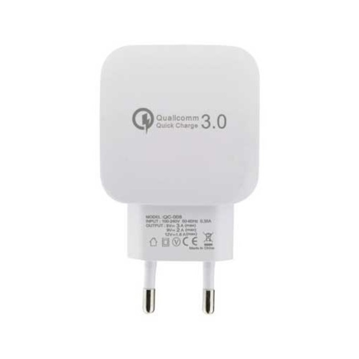 Alien gyorstöltő kompatibilis Samsung, Xiaomi, Huawei, Motorola USB QC 3.0, 3.4A, fehér