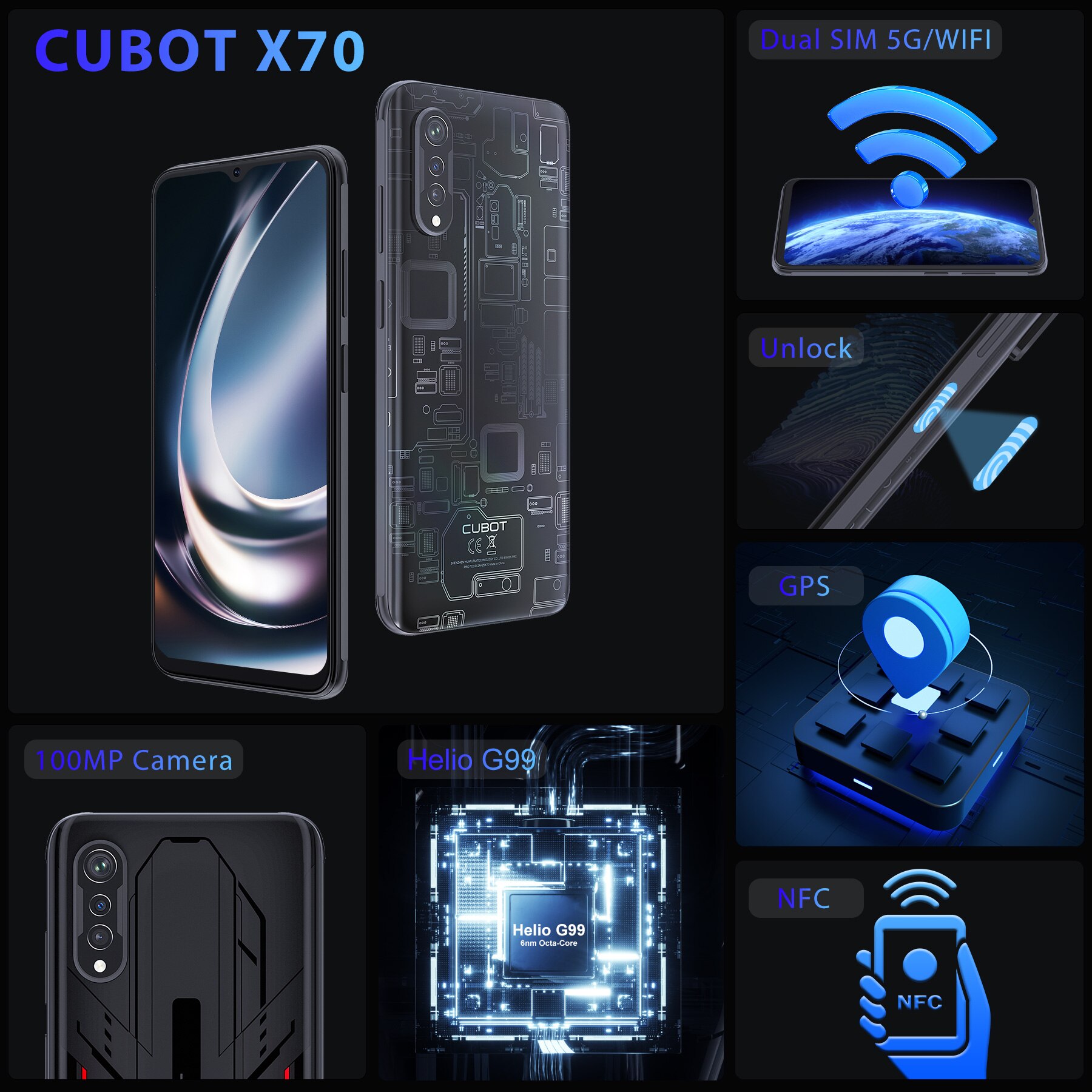 CUBOT X70 Smartphone, 24GB+256GB/1TB extensibil, 100MP Camera foto, MediaTek Helio G99, Android 13 Telefon mobil deblocat, 6.583'' FHD+, baterie 5200mAh, Dual SIM 4G Cell Phone, GPS, OTG, NFC, Wi-Fi