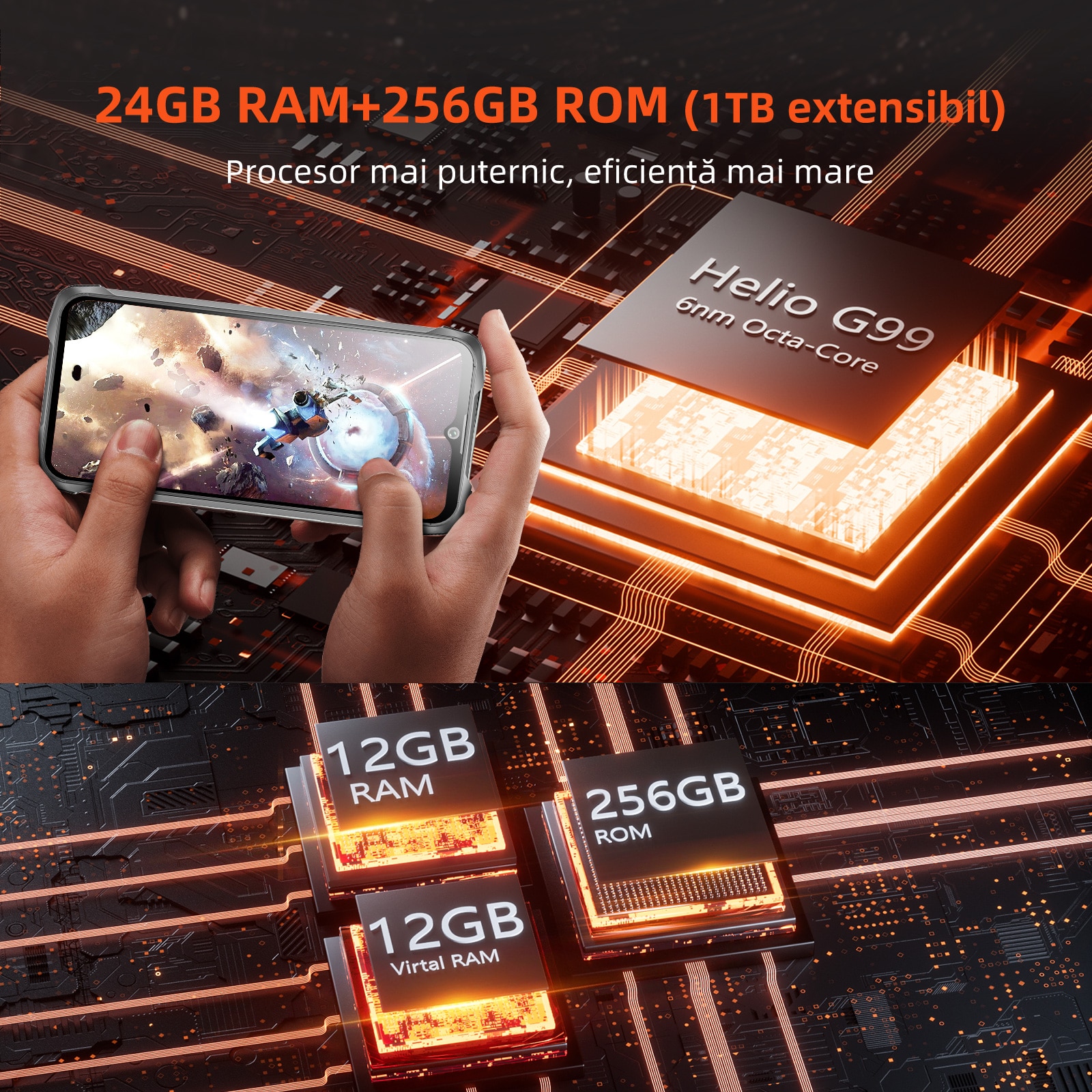 CUBOT Kingkong 9 Telefon mobil deblocat, 24GB+256GB/1TB extensibil, 100MP Camera foto, MediaTek Helio G99, Android 13 Smartphone fara contract, 6.583'' FHD+, baterie 10600mAh, Dual SIM 4G Cell Phone, GPS, OTG, NFC, Wi-Fi