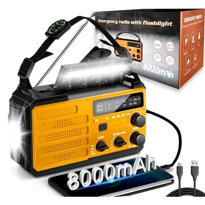 Аварийно метеорологично радио, Excited, Аварийно манивела с фенерче в 3 режима, 8000mAh, Слънчево зареждане, Работи с батерии и аварийна SOS аларма, Къмпинг, Буря