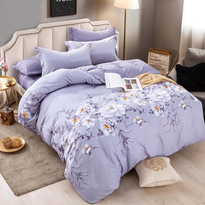 Set Lenjerie pentru pat dublu, Violet cu imprime floral, bumbac finet, cearceaf normal 245/250 cm, husa pilota 230/200cm, fete perina 55/80cmx2 buc, 70/70cm x2 buc tesatura rezistenta la spalari repetate, nu se decoloreaza, nu intra la apa