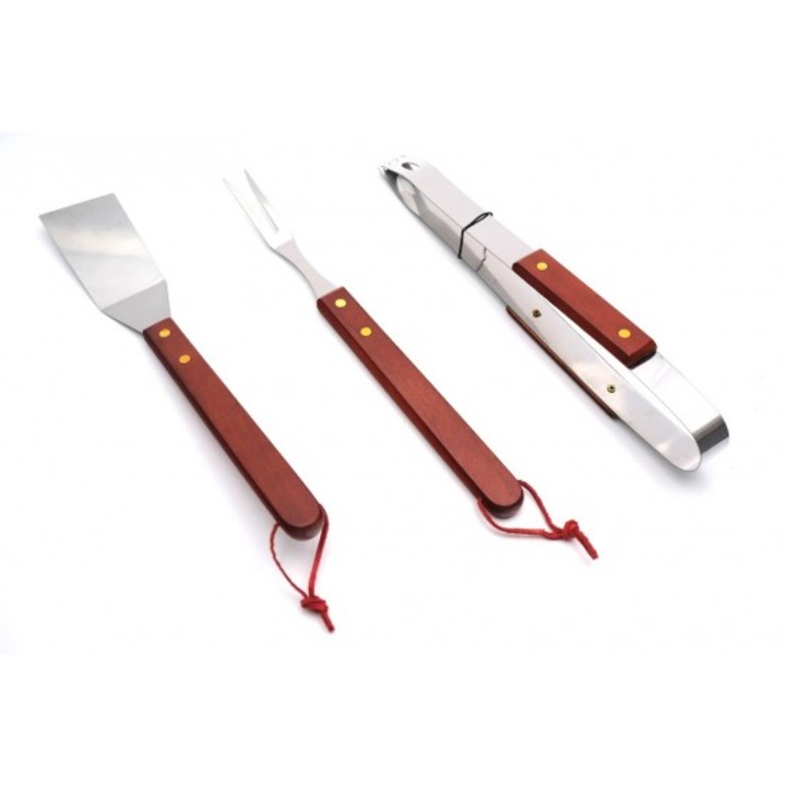 Set 3 ustensile pentru gratar, Inox/Lemn, Argintiu/Maro